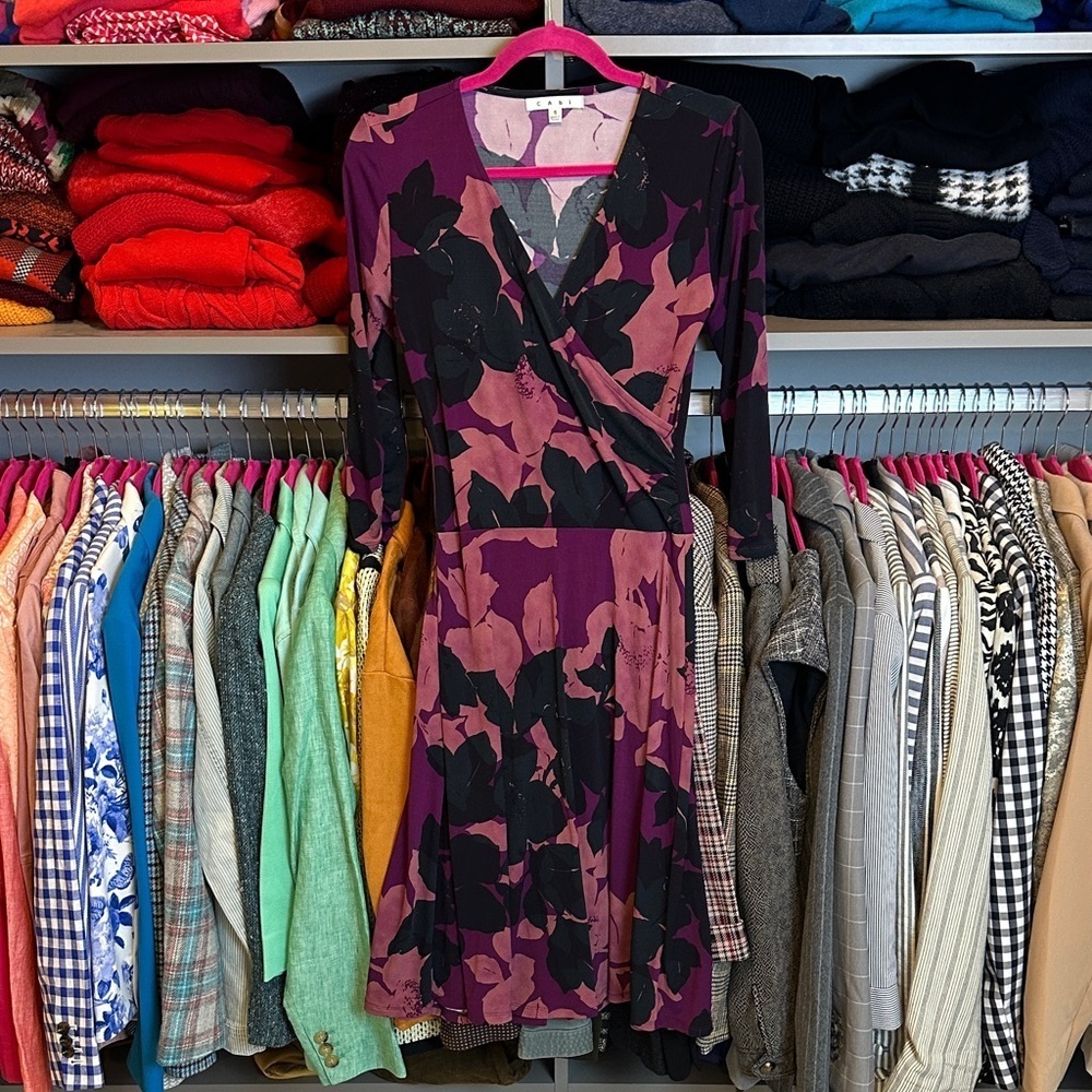 Cabi magenta/green floral 3/4 sleeve v neck midi dress size S
